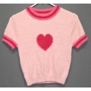 Womens XS Pink Rose Heart Fluffy Crop Sweater Crewneck Soft Coquette Romantic